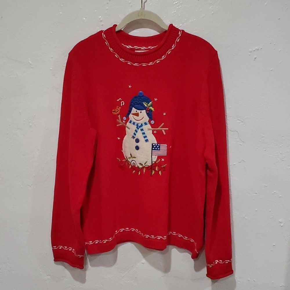 Christopher & Banks Hand Embroidered Christmas Sweater w/American Flag Size XL